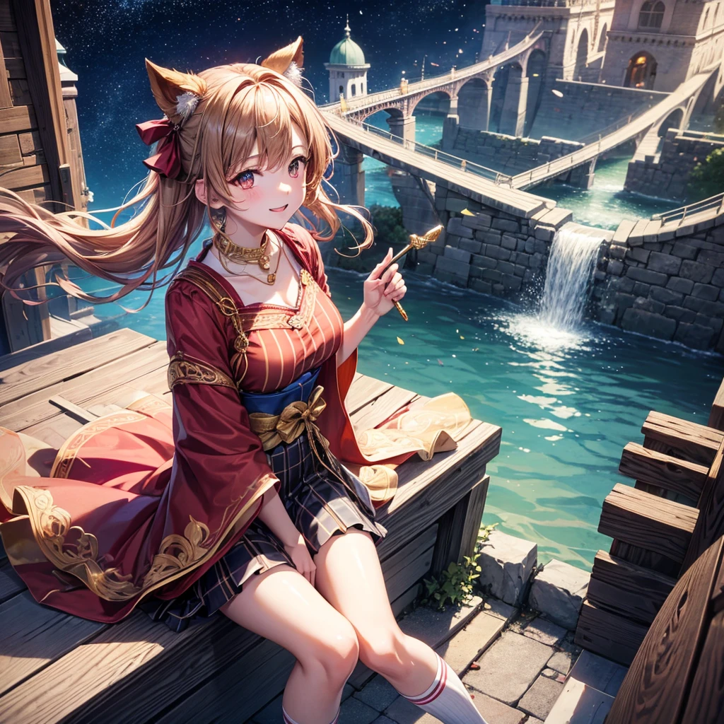 Pink, red, brown, gold, gold hair、Red gold eyes、Hair tied up、One good looking girl、solo、anime、Checkered mini skirt、Ruffles on the skirt、Checked dress、blouse、Kimono、Black knee-high socks、Ribbon、Ribbon on waist、Teeth are visible、Sparkly Necklace、From above、Cobblestones、waterfall、Starry Sky、Midnight Moon、suspension bridge、Confetti、Brick construction、Uphill、An old castle built on a rocky mountain、The scenery is reflected on the water、Sitting on the roof、Legendary Sword