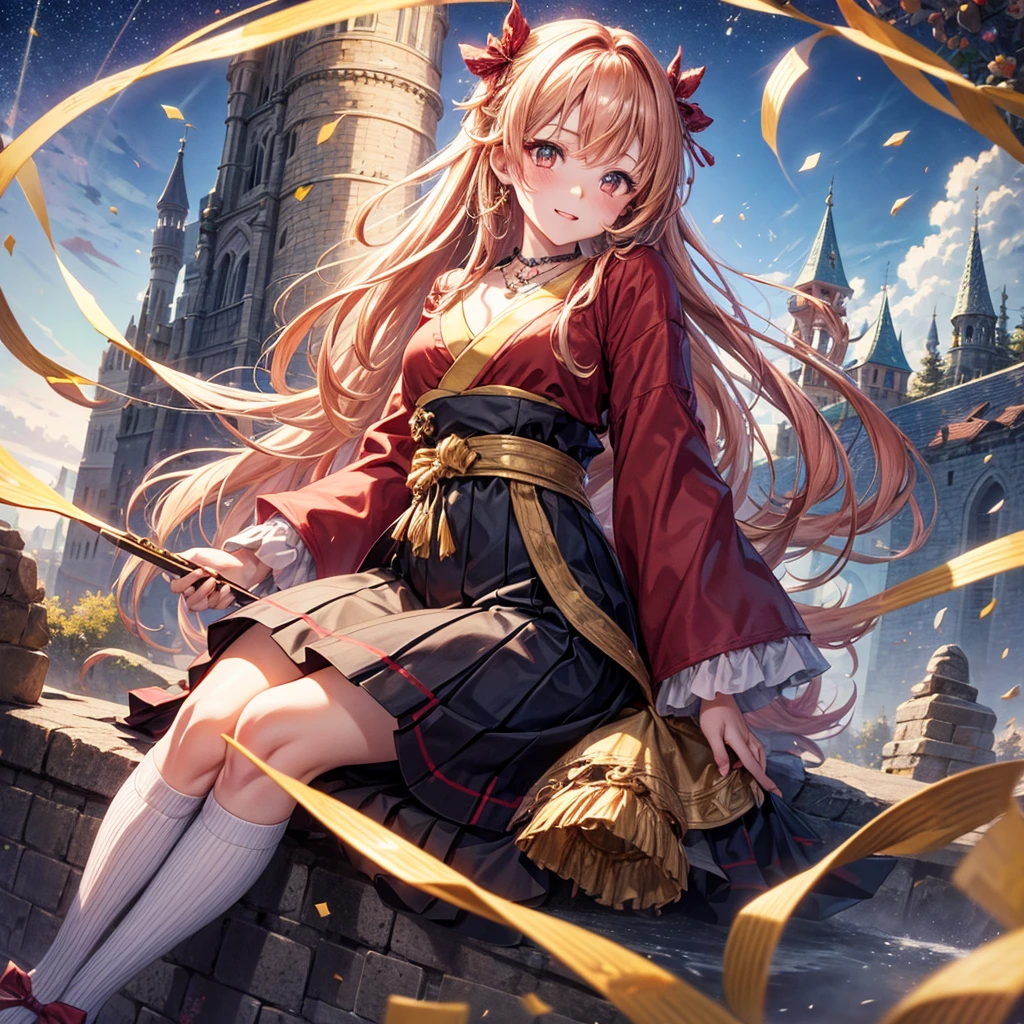 Pink, red, brown, gold, gold hair、Red gold eyes、Hair tied up、One good looking girl、solo、anime、Checkered mini skirt、Ruffles on the skirt、Checked dress、blouse、Kimono、Black knee-high socks、Ribbon、Ribbon on waist、Teeth are visible、Sparkly Necklace、From above、Cobblestones、waterfall、Starry Sky、Midnight Moon、suspension bridge、Confetti、Brick construction、Uphill、An old castle built on a rocky mountain、The scenery is reflected on the water、Sitting on the roof、Legendary Sword