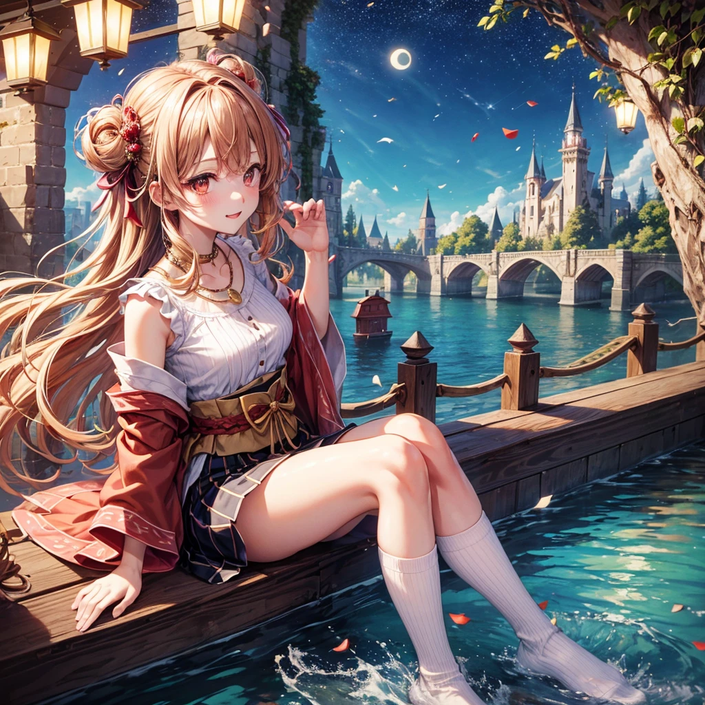 Pink, red, brown, gold, gold hair、Red gold eyes、Hair tied up、One good looking girl、solo、anime、Checkered mini skirt、Ruffles on the skirt、Checked dress、blouse、Kimono、Black knee-high socks、Ribbon、Ribbon on waist、Teeth are visible、Sparkly Necklace、From above、Cobblestones、waterfall、Starry Sky、Midnight Moon、suspension bridge、Confetti、Brick construction、Uphill、An old castle built on a rocky mountain、The scenery is reflected on the water、Sitting on the roof、Legendary Sword