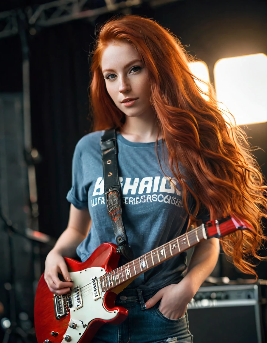 ultra realistic, photography, long red hair, girl, 24 years old, hourglass figure, perfect body, Flirty look, beautiful detailed woman, intricate and detailed face, long lush hair, soft lighting, photorealistic, high quality, cinematic, dramatic, warm color tones, natural breasts, facing the camera, Nikon z fx, lens 35 mm, blur background, on stage, rockband, playing electric guitar, ripped jeans, oversized t-shirt