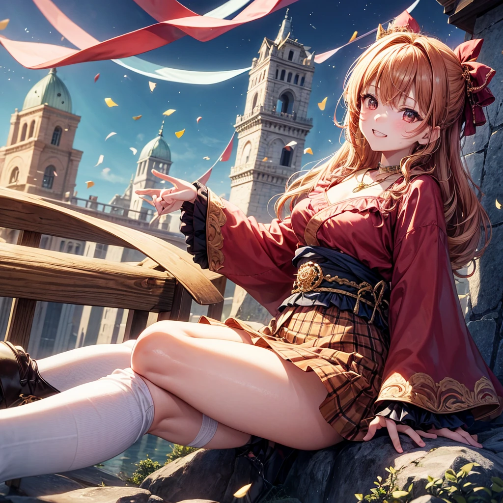 Pink, red, brown, gold, gold hair、Red gold eyes、Hair tied up、One good looking girl、solo、anime、Checkered mini skirt、Ruffles on the skirt、Checked dress、blouse、Kimono、Black knee-high socks、Ribbon、Ribbon on waist、Teeth are visible、Sparkly Necklace、From above、Cobblestones、waterfall、Starry Sky、Midnight Moon、suspension bridge、Confetti、Brick construction、Uphill、An old castle built on a rocky mountain、The scenery is reflected on the water、Sitting on the roof、Legendary Sword