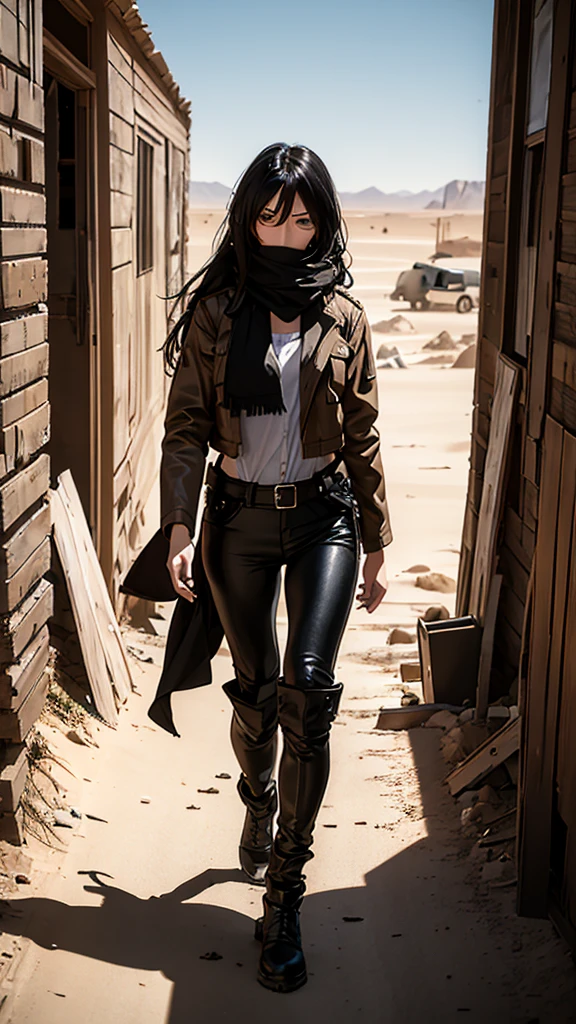 (masterpiece, best quality), 8K, A black long hair girl , wearing a grey dirty scarf covered her mouth and nose, wearing a jacket and long leather pants, A girl walks in the desert after the apocalypse, with many abandoned buildings and vehicles buried in the sand