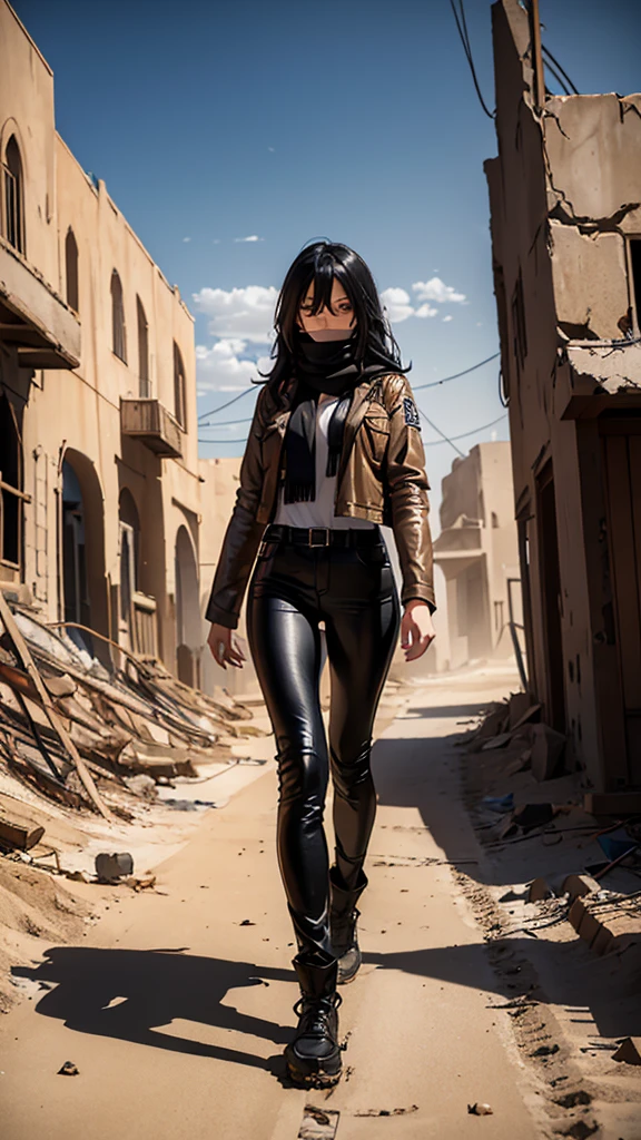 (masterpiece, best quality), 8K, A black long hair girl ,  wearing a grey dirty scarf covered her mouth and nose, wearing a jacket and long leather pants, A girl walks in the desert after the apocalypse, with many abandoned buildings and vehicles buried in the sand