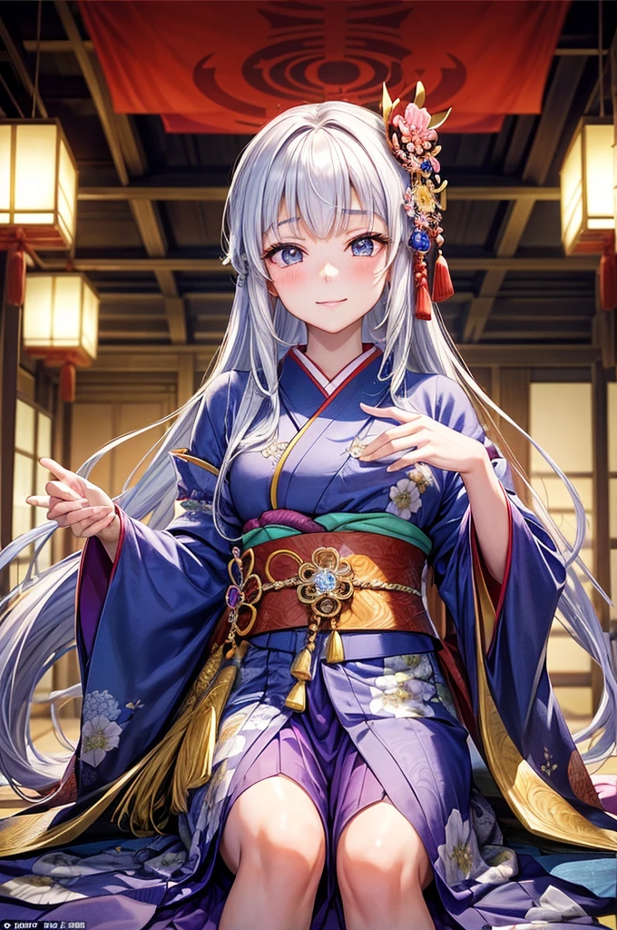 high quality, noble princess, ancient japan, kimono, beautiful girl, gorgeous, contemptuous girl, 19 years old, in a japanese castle, arrogant girl, good hands, contemptuous smile, (she is looking down the viewer with contempt), (she is looking down the viewer), (she mocks me), view from below