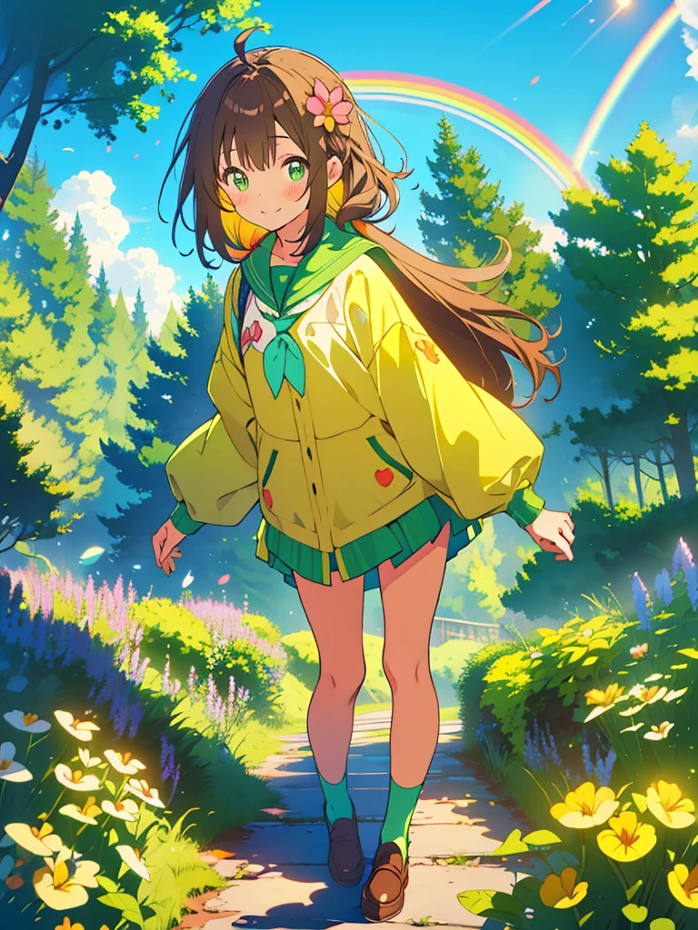 kawaii, anime, Cute, hyper quality, highly detailed, 16k, Front facing, Clarity, girl, brown long hair, green eyes, smile, girl, Elementary school student in a raincoat, Uplifting, private clothes, kitten at feet, flower, a rainbow appears, bright blue sky, one piece, hands are peace sign, green, full green canvas, highlight on eyes, twist one's body, surrounded by greenery, lush plants, Clear skies, Long dark brown hair, look at the sky, There's a big rainbow, large amount of plants, All green, iris effect, clear sky, ivy, look up at the sky, rainbow in the blue sky, whole body, boots, down a wet forest path, 	