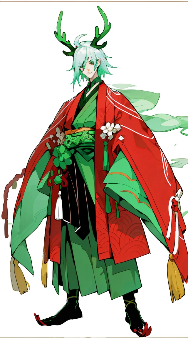 (1   boy), (((solo))), Full body standing painting, (solo), ((Clear facial features)), fresh flowers, (Entwined vines)，(beautidful eyes，beauitful face, Exquisite facial features), (deer antlers，Forest elements，Floral decoration), ((fresh flowers)), (abs, tall muscular man), red and green, Flashy clothes，Floral decoration, Traditional oriental art style，Beautiful painting style，Oriental Monster Element，Character characteristics，innovative design，Fantasy themes，Flashy clothes, Simple line design, (( ukiyo-style, character  design)), Red and green westerly elements, Onmyoji detailed art, Standing drawings of characters, ((flatcolors)), tmasterpiece，top Quority，best qualtiy，Ultra-high resolution