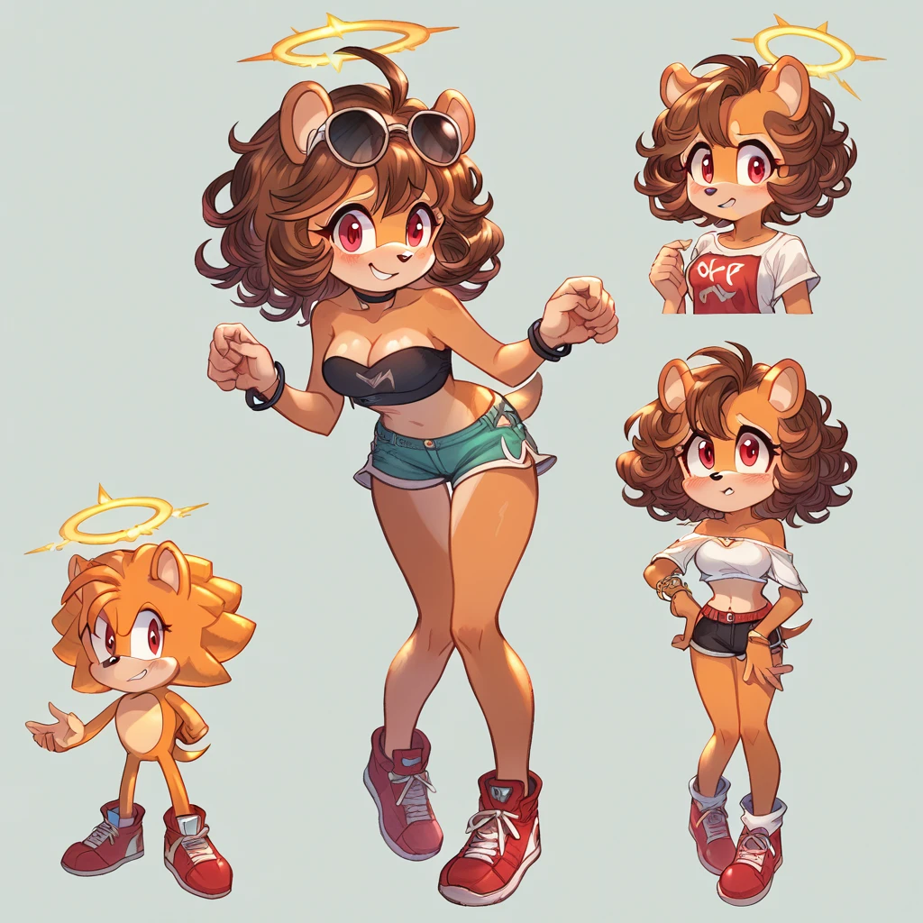 score_9, score_8_up, solo, mobian, hedgehog, two-tone fur ((orange fur, brown fur)), pyjama elastic shorts, strapless crop top, cleavage, high-top sneakers, two-tone hair (brown hair, black tip)), curly hair, halo, sunglasses, jewelry, red eyes, longeyelashes, red eyes, smile, shy, blush