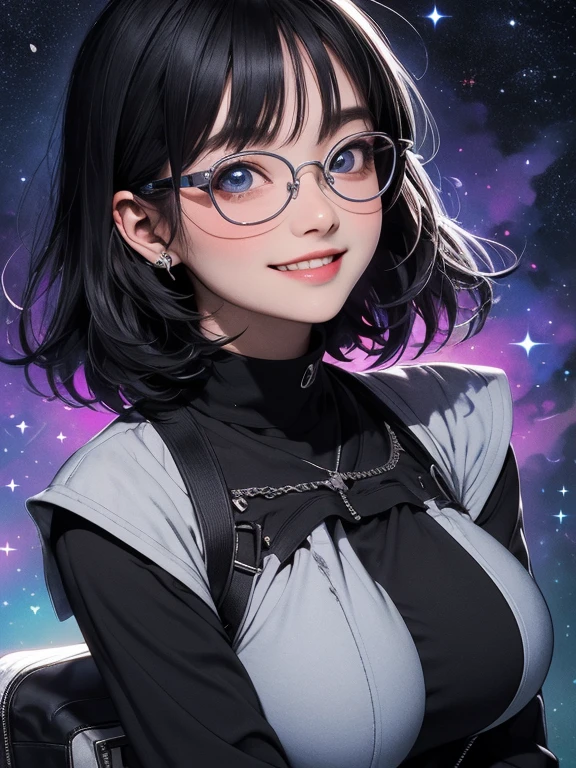 quality,Highest Resolution,sexy,Looking up at the starry sky,Glasses,Vibrant colors,Very beautiful eyes,Big Breasts,Black Hair,Silver,universe,no gravity,smile