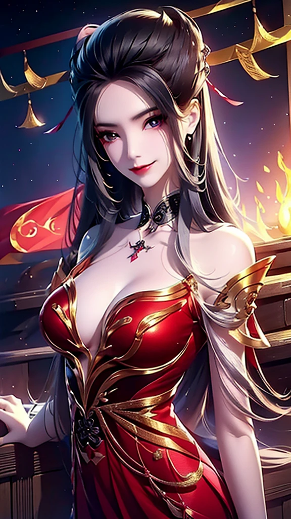 1 27-year-old girl,1 The future zodiac goddess,12 zodiac goddess pink purple,The 12 zodiac goddess wears a red silk dress and pants,Red and white Ao Dai hugging her body,12 Zodiac Pants and Audii,With delicate black lace,Thin Ao Dai,The future zodiac mythical goddess, Chinese zodiac,Shiny Deluxe Edition in Zodiac Style,dark and mystical,适合Chinese zodiac♏女神的头巾,red lip stick,thin and beautiful lips,Smile to attract the audience,Characters created by Carol Barker and Pino Diane,Intricate details background details,hyper-detailing,Light magic,A woman in a long silk robe,Clear face,Long gray hair,Beautiful face with flat bangs,Attention to detail and a well-proportioned body,(Transparent eyes:1.8),big and round eyes,The makeup also very delicate and detailed,imagining,Long silk dress mysterious makeup,Side-swept bangs dyed light blonde,Portrait top half,twelve constellations goddess avatar,Boom,forced and vivid,(stars that make up the zodiac: 1.7),(Sky background of zodiac signs:1.8),photo novel,RAW photogr,The best photos of Hanfu and the best quality photos,8K quality,8k ultra,hyper realisitc,coolest photo,