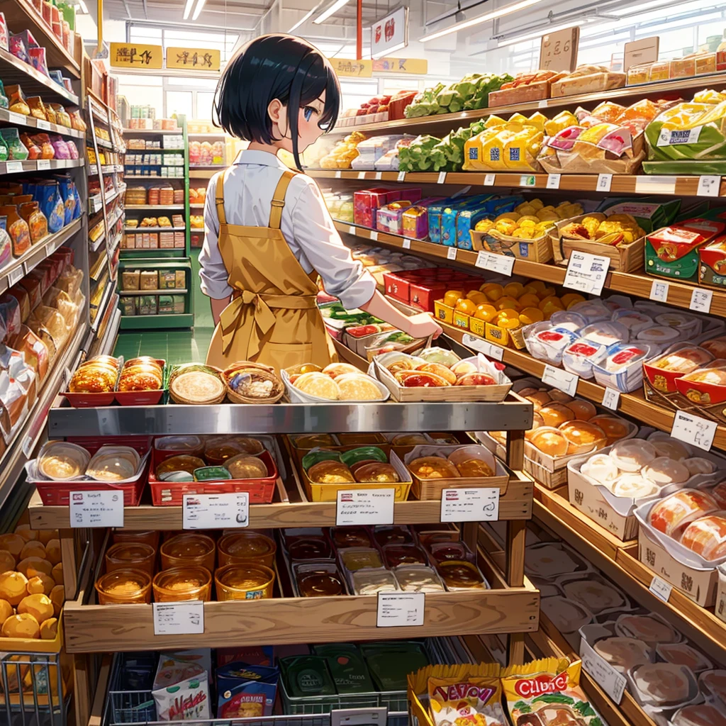 Masterpiece, highest quality, high resolution background, bright and beautiful atmosphere, 3 girls (2 years old, 1 short-tempered round face), 1  (hair, surface effects), small breasts, grocery store, cart from the back Girl pushing, the ingredients needed for curry are in the cart, putting an apron on her casual clothes, looking at the shelf next to her, trying to reach for the shelf, "deltamon_sdXL :0.73) >Deltamon"