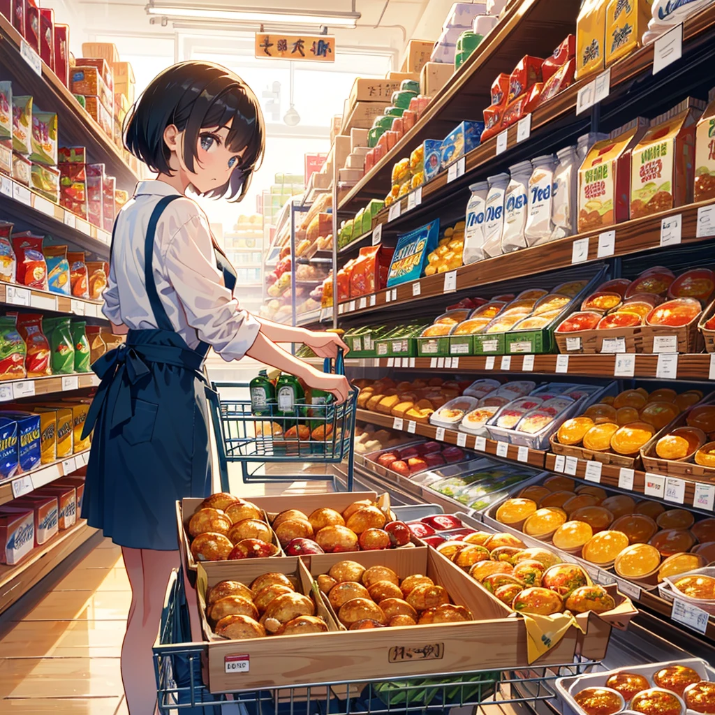 Masterpiece, highest quality, high resolution background, bright and beautiful atmosphere, 3 girls (2 years old, 1 short-tempered round face), 1  (hair, surface effects), small breasts, grocery store, cart from the back Girl pushing, the ingredients needed for curry are in the cart, putting an apron on her casual clothes, looking at the shelf next to her, trying to reach for the shelf, "deltamon_sdXL :0.73) >Deltamon"