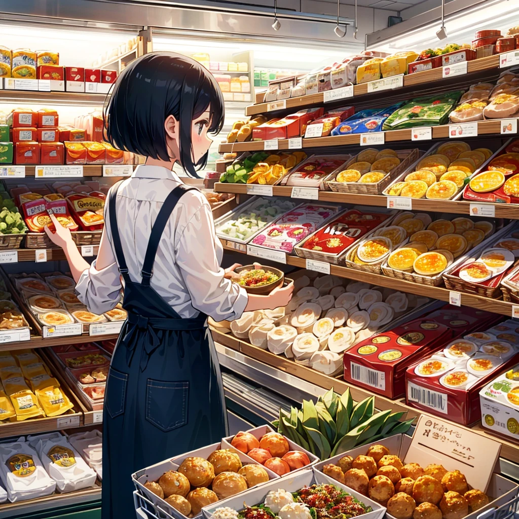 Masterpiece, highest quality, high resolution background, bright and beautiful atmosphere, 3 girls (2 years old, 1 short-tempered round face), 1 (hair, surface effects), small breasts, grocery store, cart from the back Girl pushing, the ingredients needed for curry are in the cart, putting an apron on her casual clothes, looking at the shelf next to her, trying to reach for the shelf, "deltamon_sdXL :0.73) >Deltamon"
