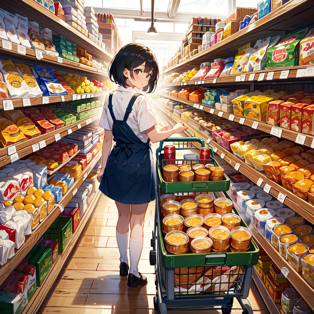 Masterpiece, highest quality, high resolution background, bright and beautiful atmosphere, 3 girls (2 years old, 1 short-tempered round face), 1  (hair, surface effects), small breasts, grocery store, cart from the back Girl pushing, the ingredients needed for curry are in the cart, putting an apron on her casual clothes, looking at the shelf next to her, trying to reach for the shelf, "deltamon_sdXL :0.73) >Deltamon"
