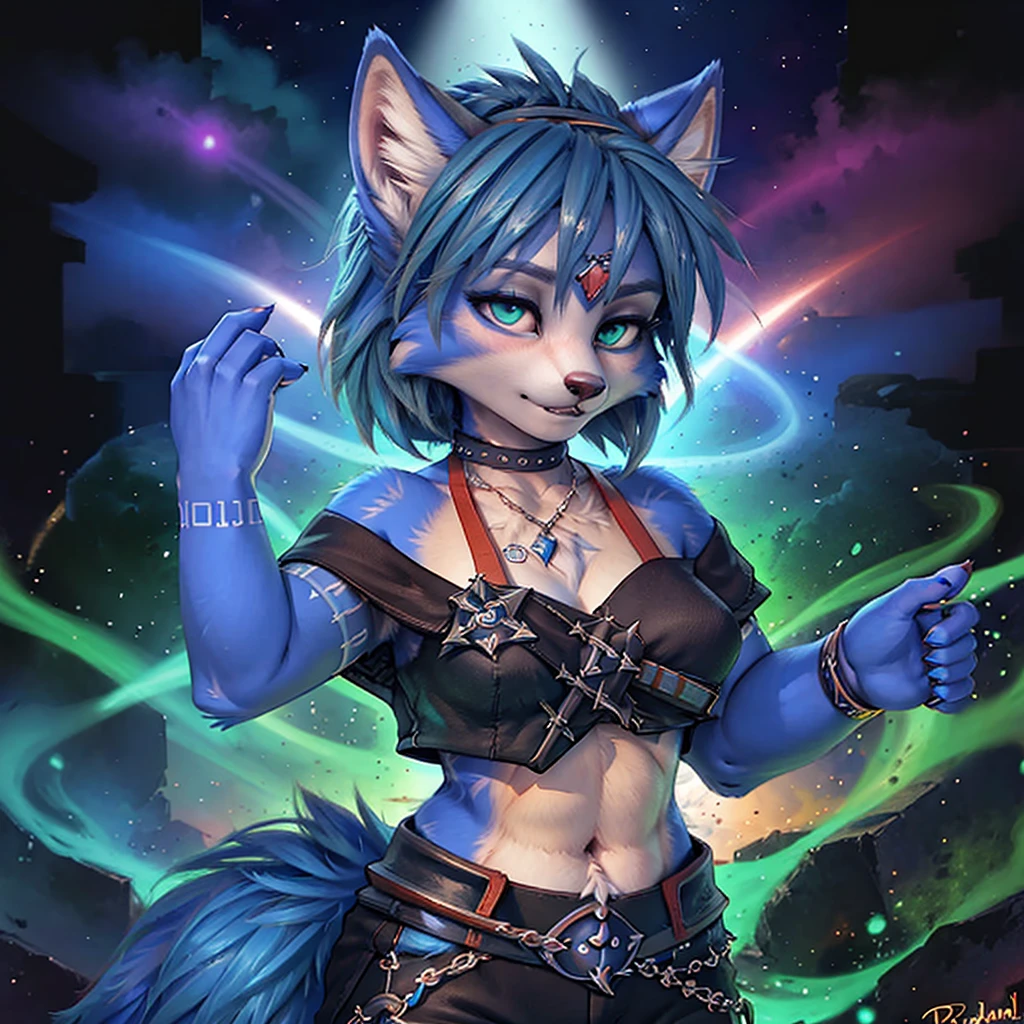 A beautiful and detailed (sweet picture) of ((Krystal)), Star Fox Krystal,  green eyes, medium breasts, (((Long blue hair 1.3))),  anthro, furry, (of Fluff-Kevlar, Bayard Wu, Personalami, Pino Daeni),  detailed fluffy fur, detailed face, (fluffy), 1 girl, alone, Haare bedecken ein Auge:1.4, großes glückliches Lächeln, giving you a thumbs hoch, 