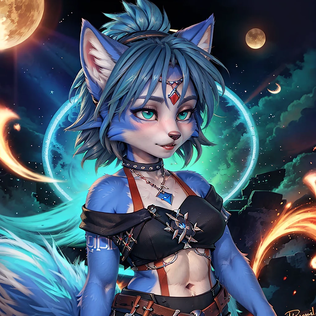 A beautiful and detailed (sweet picture) of ((Krystal)), Star Fox Krystal,  green eyes, medium breasts, (((Long blue hair 1.3))),  anthro, furry, (of Fluff-Kevlar, Bayard Wu, Personalami, Pino Daeni),  detailed fluffy fur, detailed face, (fluffy), 1 girl, alone, Haare bedecken ein Auge:1.4, großes glückliches Lächeln, giving you a thumbs hoch, 