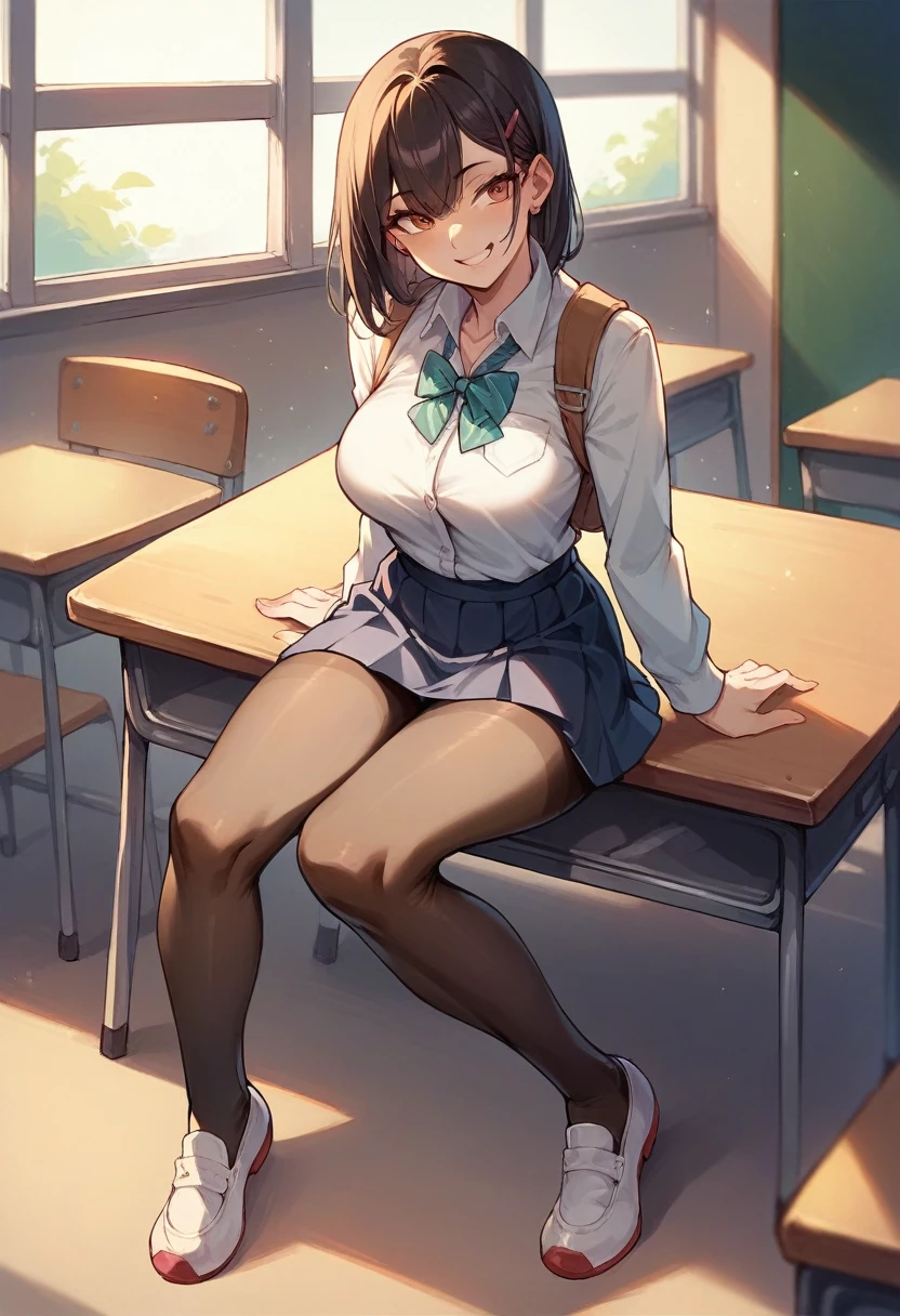 Female Student in a schooluniform with shiny pantyhose and shoes. She sits on the table. She has a deviant smile and dominant expression. She knows everyone is into her. 
