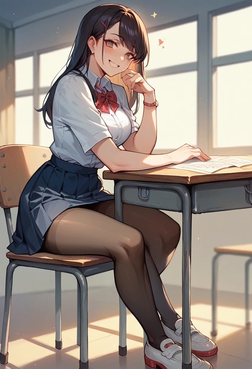 Female Student in a schooluniform with shiny pantyhose and shoes. She sits on the table. She has a deviant smile and dominant expression. She knows everyone is into her. 