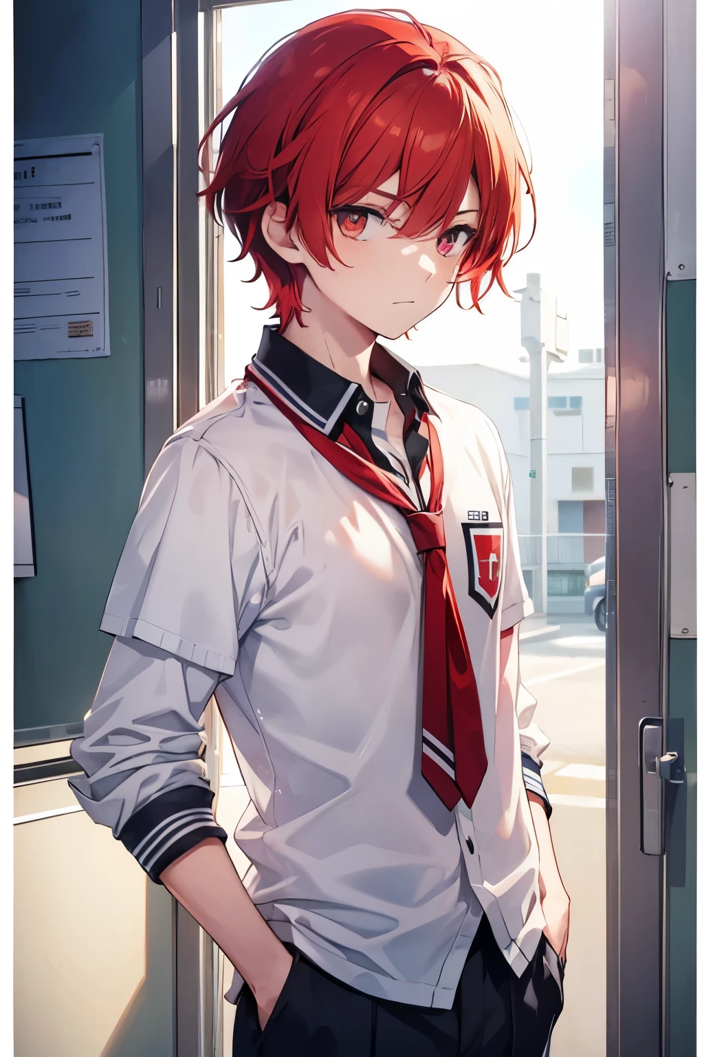 a 17 year old boy wearing high school school clothes, red hair, white eyes