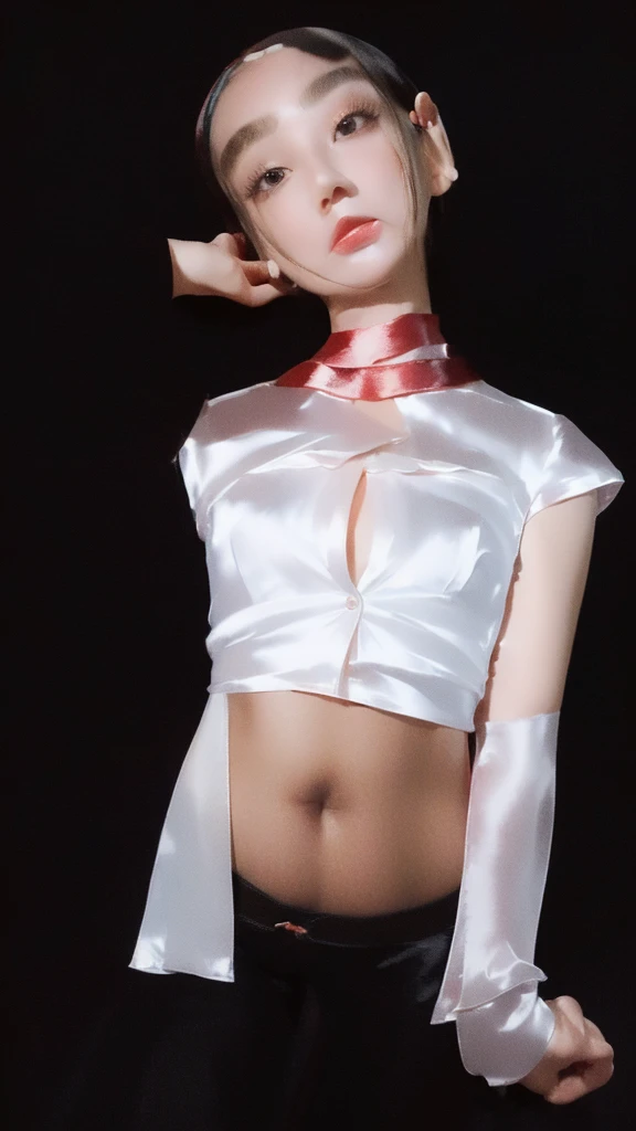 (half-body frontal photography: 1.8), extremely beautiful Chinese girl, big eyes, high bridge of nose, small cherry mouth, black background, (white tight-fitting short-sleeved silk shirt: 2.0), (unbuttoned two buttons: 1.8), highlighted Beautiful figure, long hair slightly curly and tied in a ponytail, brown eyes, soft focus lens, detailed portrait, high resolution, relaxed and realistic smile photo, (black background: 1.8), higher coherence, improved clarity, precision Degree, perfect viewing angle, perfect lighting, frame center, ultra high definition, 8k, full body, OC renderer, 12K raw photo, ray tracing, cinematic lighting, masterpiece, award-winning work,