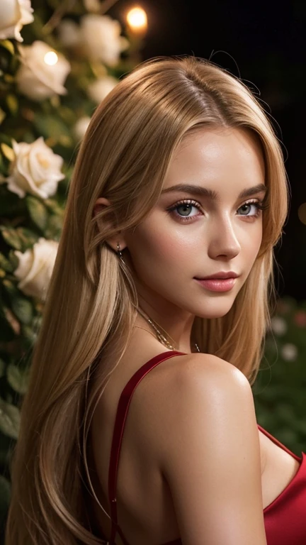 A 23-year-old blonde woman, ((pechos grandes)), ((hiperrealismo)) ,. blonde hair with light brown roots. cabello rubio, Hair with brown roots, cabello extra largo, cabello muy largo, really long hair, Beautiful, Front view, selfie, photo taken with iPhone, elegant red dress with escote, escotada, selfie in the rose garden at night, high quality, selfie iPhone, cleavage, foto size 1080 x 560 px