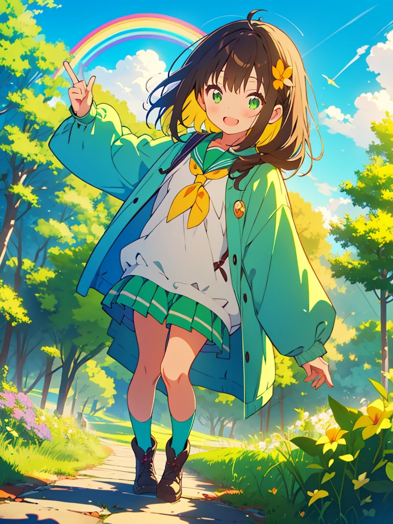 kawaii, anime, Cute, hyper quality, highly detailed, 16k, Front facing, Clarity, girl, brown long hair, green eyes, smile, girl, Elementary school student in a raincoat, Uplifting, private clothes, kitten at feet, flower, a rainbow appears, bright blue sky, one piece, hands are peace sign, green, full green canvas, highlight on eyes, twist one's body, surrounded by greenery, lush plants, Clear skies, Long dark brown hair, look at the sky, There's a big rainbow, large amount of plants, All green, iris effect, clear sky, ivy, look up at the sky, rainbow in the blue sky, whole body, boots, Walk down a wet forest path, 	