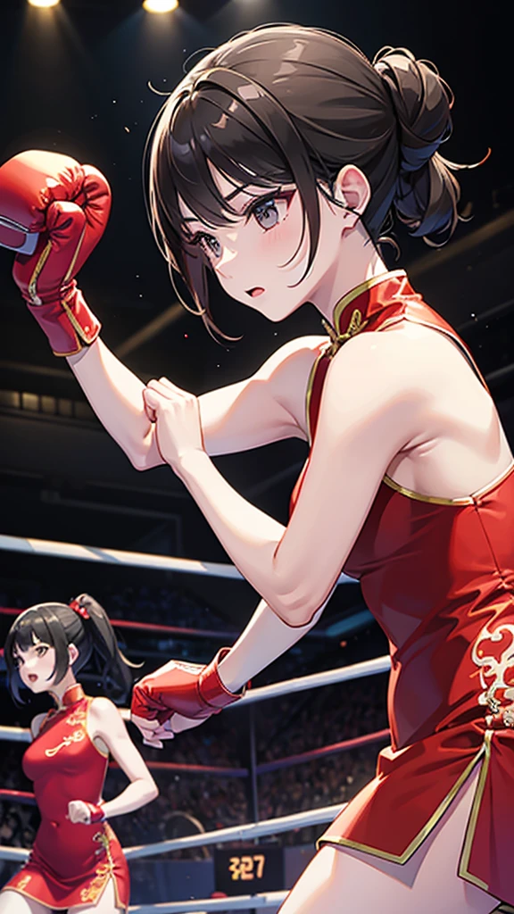 Two women in Chinese dresses are boxing in the ring