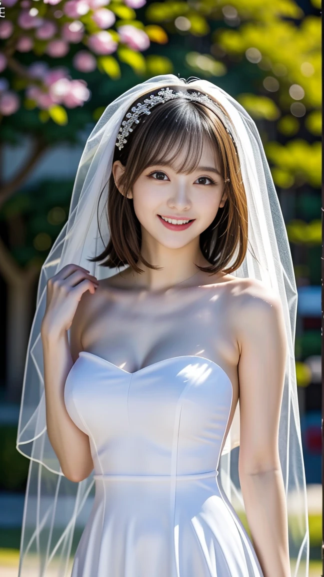 ((topless)),nipple:1.2,flashing tits,outdoor,nsfw,(masterpiece:1.4),Japanese,20 years old,cute girl,looking at viewer,(cute smile),solo,cowboy-shot,((white wedding dress)),hair ornament,veil,detailed cloth:1.1,feminine pose,standing