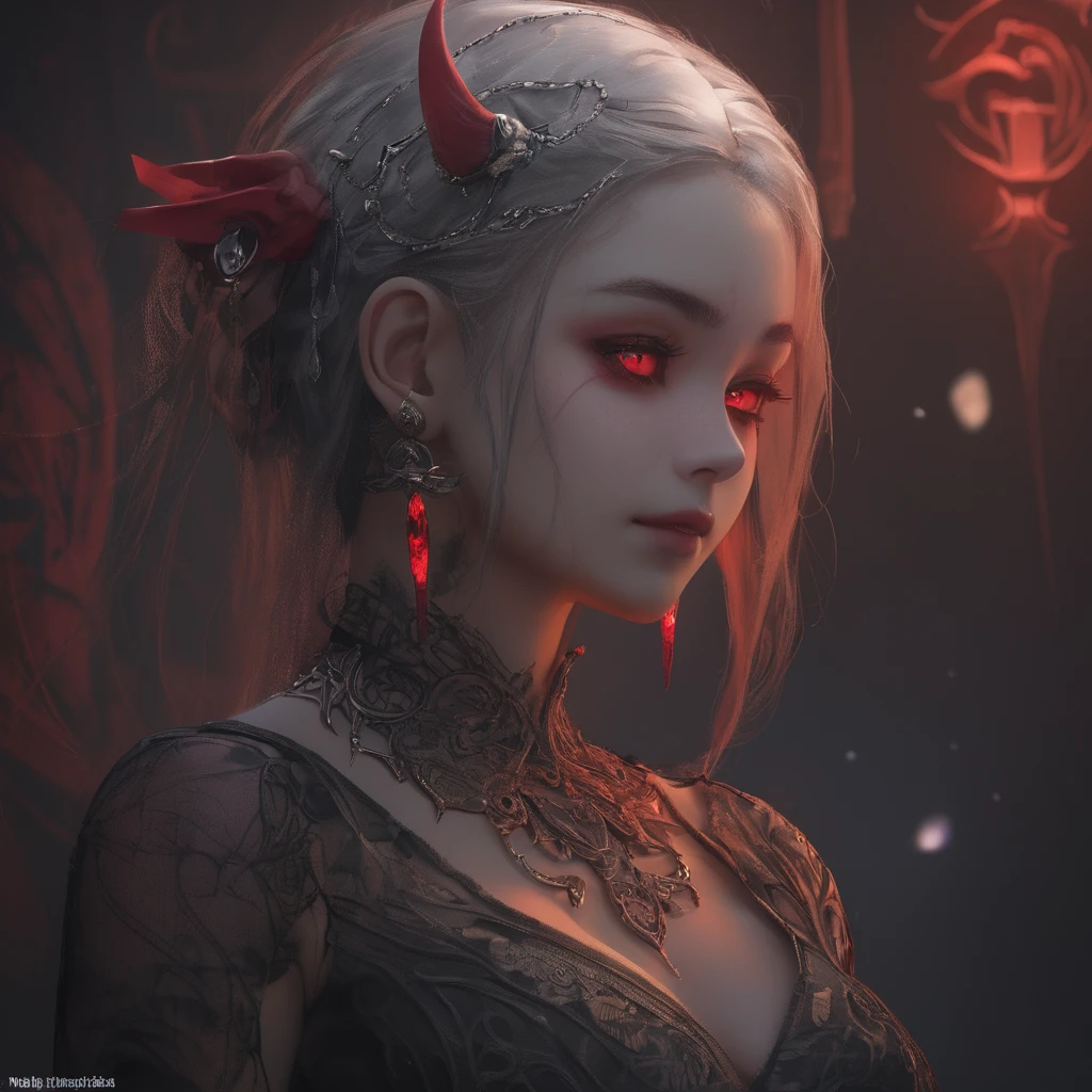 (Ashenhardt Style:1.4), masterpiece, 最high quality, high quality,(Glows dark red、Has red eyes、darknessに囲まれた暗い形のない生き物:1.2), (profile), (darkness:1.2), Abstraction, deep sea, Award-winning photography, Depth of written boundary, High resolution, Very detailed, Art Station Trends, CGSociety Trends, Complex, High detail,(masterpiece:1.2, 最high quality), (Best lighting, Very delicate and beautiful), (Best lighting, Very delicate and beautiful), (Beautifully detailed face), (Detailed eyes and detailed face:1.2), Dark fantasy, (Young girl, Little Beast, One girl, alone, Crazy Smile, Pale skin,19 earrings,((Tattoos all over the body,Tribal tattoos all over the legs)) Gray Hair, Glowing red eyes, Dynamic Angle, vampire), (get chains, magic circle, Graffiti on the wall, background)),conjuring a demon), Magic Thunder, pointed_ear, tooth,Devil&#39;s Wings,Devil horns,There was blood on my face.,Rain of blood,blood mist,(Depth of written boundary),High Contrast,(Blood splatter:1.4),Cowboy Shot,whole body, Black lace-up thigh-high boots,shout, Sacrifice, Magnificent stage