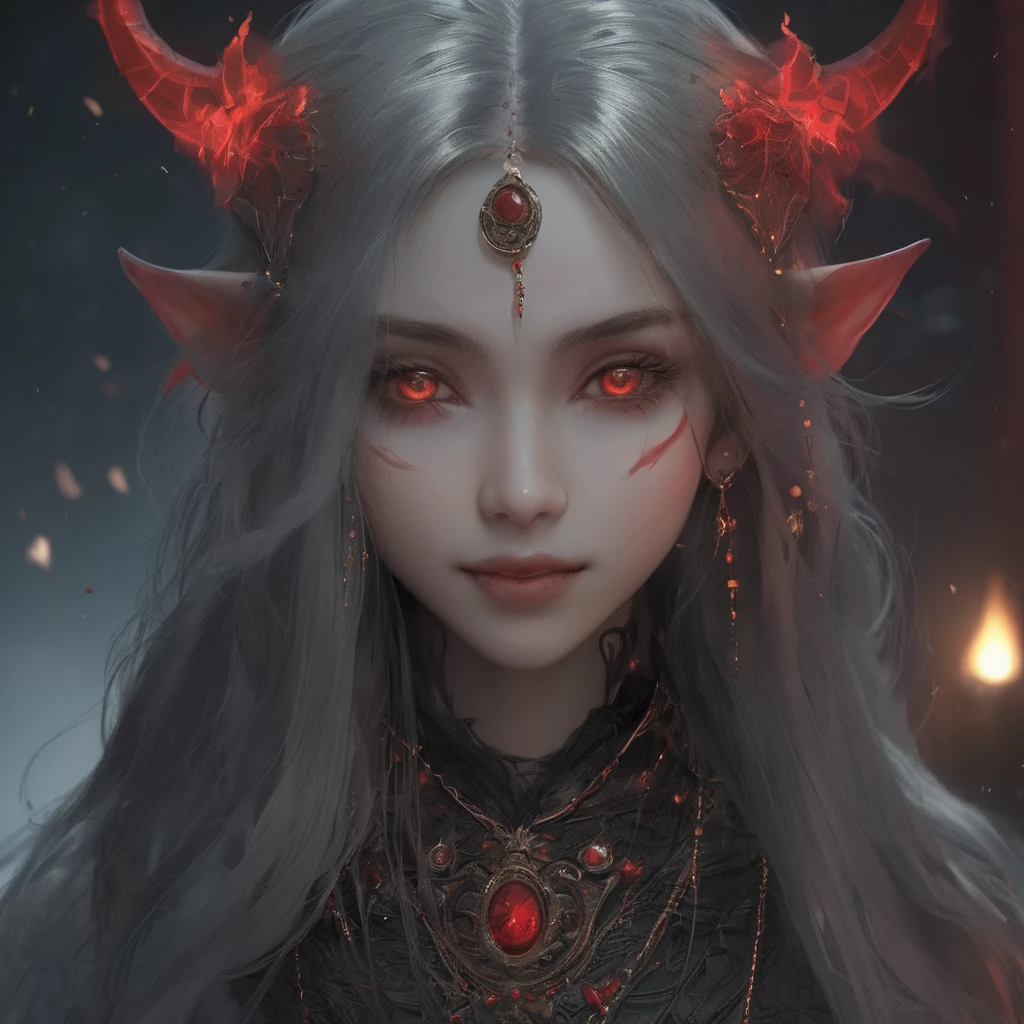 (Ashenhardt Style:1.4), masterpiece, 最high quality, high quality,(Glows dark red、Has red eyes、darknessに囲まれた暗い形のない生き物:1.2), (profile), (darkness:1.2), Abstraction, deep sea, Award-winning photography, Depth of written boundary, High resolution, Very detailed, Art Station Trends, CGSociety Trends, Complex, High detail,(masterpiece:1.2, 最high quality), (Best lighting, Very delicate and beautiful), (Best lighting, Very delicate and beautiful), (Beautifully detailed face), (Detailed eyes and detailed face:1.2), Dark fantasy, (Young girl, Little Beast, One girl, alone, Crazy Smile, Pale skin,19 earrings,((Tattoos all over the body,Tribal tattoos all over the legs)) Gray Hair, Glowing red eyes, Dynamic Angle, vampire), (get chains, magic circle, Graffiti on the wall, background)),conjuring a demon), Magic Thunder, pointed_ear, tooth,Devil's Wings,Devil horns,There was blood on my face.,Rain of blood,blood mist,(Depth of written boundary),High Contrast,(Blood splatter:1.4),Cowboy Shot,whole body, Black lace-up thigh-high boots,shout, Sacrifice, Magnificent stage