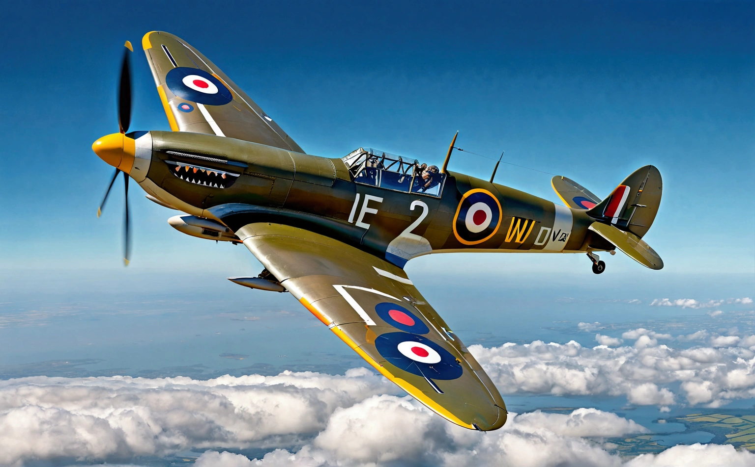 arafed fighter plane flying in the sky with a propeller, spitfire, aircraft, by Dave Allsop, portrait shot, by Peter Scott, by Bob Ringwood, ww2 era, by David Simpson, ww2, ww 2, movie shot, by John Parker, spare, hurricane, beautiful angle, stunning art, by Murray Tinkelman, by John Kay