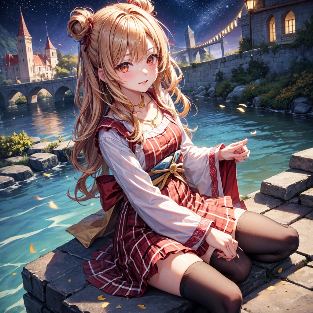 Pink, red, brown, gold, gold hair、Red gold eyes、Hair tied up、One good looking girl、solo、anime、Checkered mini skirt、Ruffles on the skirt、Checked dress、blouse、Kimono、Black knee-high socks、Ribbon、Ribbon on waist、Teeth are visible、Sparkly Necklace、From above、Cobblestones、waterfall、Starry Sky、Midnight Moon、suspension bridge、Confetti、Brick construction、Uphill、An old castle built on a rocky mountain、The scenery is reflected on the water、Sitting on the roof、Legendary Sword