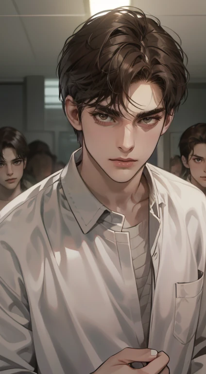 masterpiece, best quality, realistic, 1man, mature male, quiet and charming young man, 35 years old, close his eyes, serious look, extremely detailed face, ((dark grey eyes)), ((short-right-swept dark brown hair)), [thick eyebrows], detective, plain background, cinematic lighting, looking at the audience, posture dynamics, smirk, holding the phone