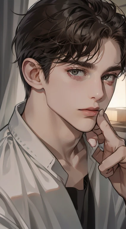 (1male, very short black hair, green eyes, half lidded eyes, parted lips, blushes, pretty face, slim waist), ((detailed face)), lying, bed, lace robe, sweaty, foggy breath,