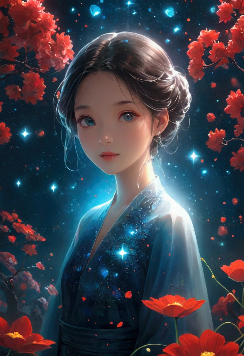 night,Beautiful Girl, Exquisite face, Blue gradient 3D pixel blocks, A structure that was initially intact but gradually disintegrated in the air, (Thousand Flower Glass), Starry Sky,fantasy,magic,mystery,illusory,Dreamy,Inverted, red symmetry, high quality,Octane Rendering,Concept map of the scene,