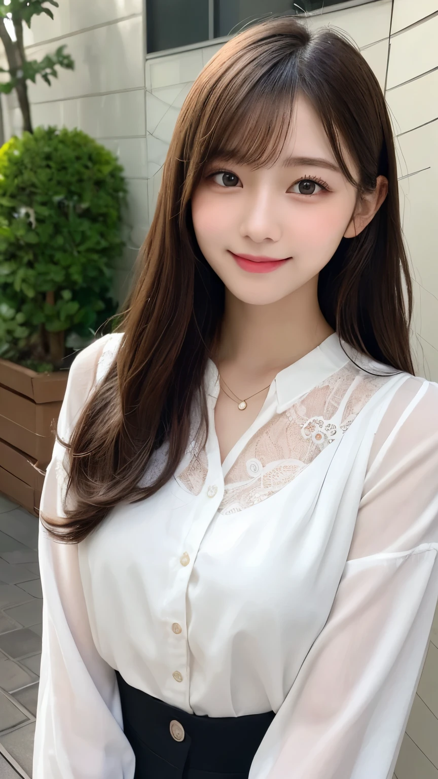 masterpiece, best quality, illustration, ultra-detailed, finely detailed, high resolution, 8K wallpaper, perfect dynamic composition, beautiful detailed eyes, summer blouse setup clothes, medium hair, small breasts, natural color lips, bold sexy poses, smile, Harajuku, 18 years old girl, cute, sexy shot, looking at camera