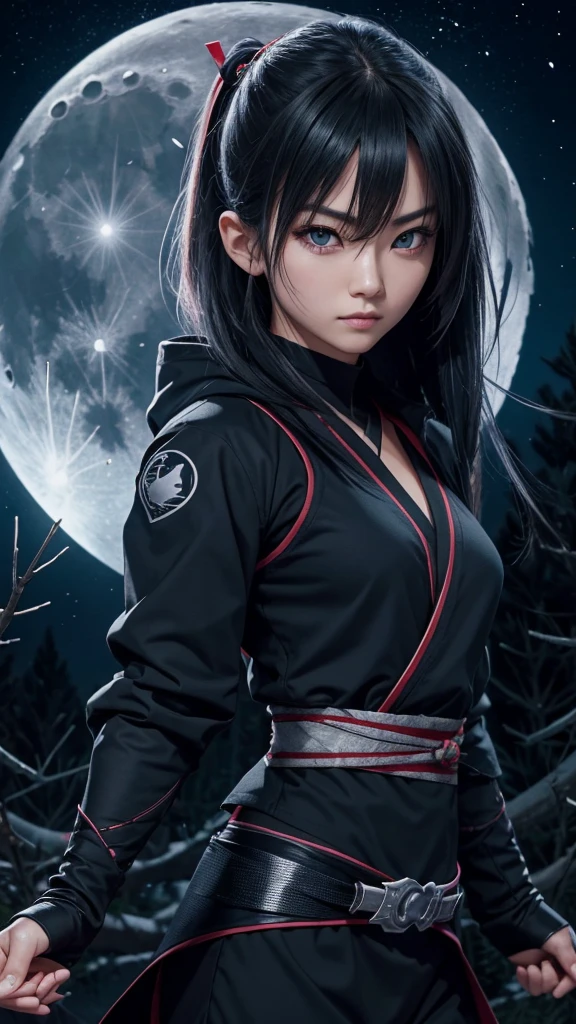 8K resolution, high image quality, high quality, real, female, ninja, kuichi, ice-cold eyes, ninja clothes, or have a shuriken in your hand, moonlit night, full moon, lurking in a pine tree branch, image from head to foot,