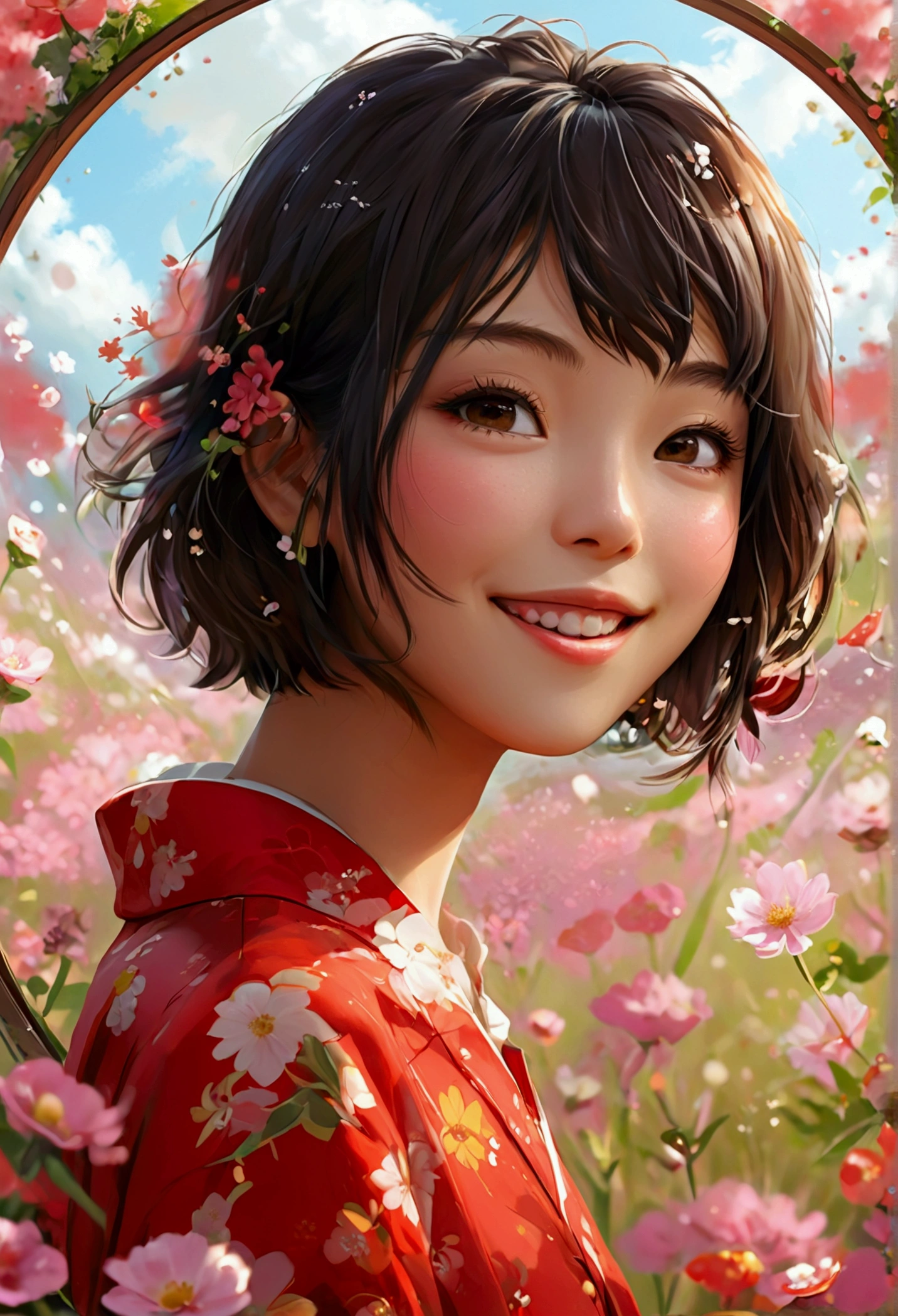 Create an illustration that meets the following conditions:。　-Create a round frame icon　-Japanese woman　-Anime style but realistic stick　-Short hair suits you　- Smiling　-Young but sexy aura　- The background is a flower field