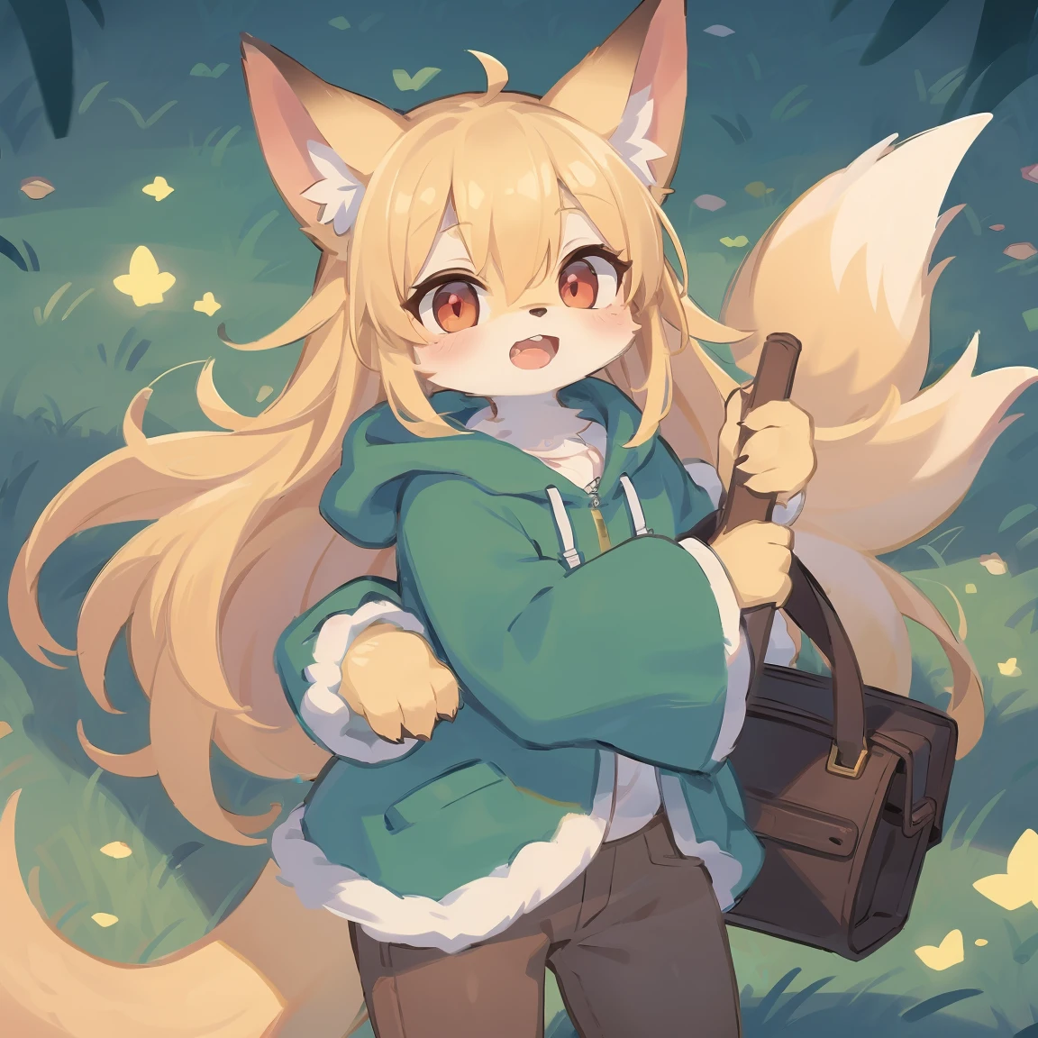 flat color, shota the fox, , was hairy, shaggy, skin fur, smooth lashes, golden fur, forelimb hands, straight long blonde hair, solid circle eyes, golden ears, golden fur, golden facial fur, shiny hair, red eyes, super cute face, 1fox tail, fluffy tail, furry tail, glowing eyes, green coat green hood down, brown trousers, open mouth, ambient light, ultra-fine fur, dashed eyes, masterpiece, high quality, high-details, best quality, (solo)