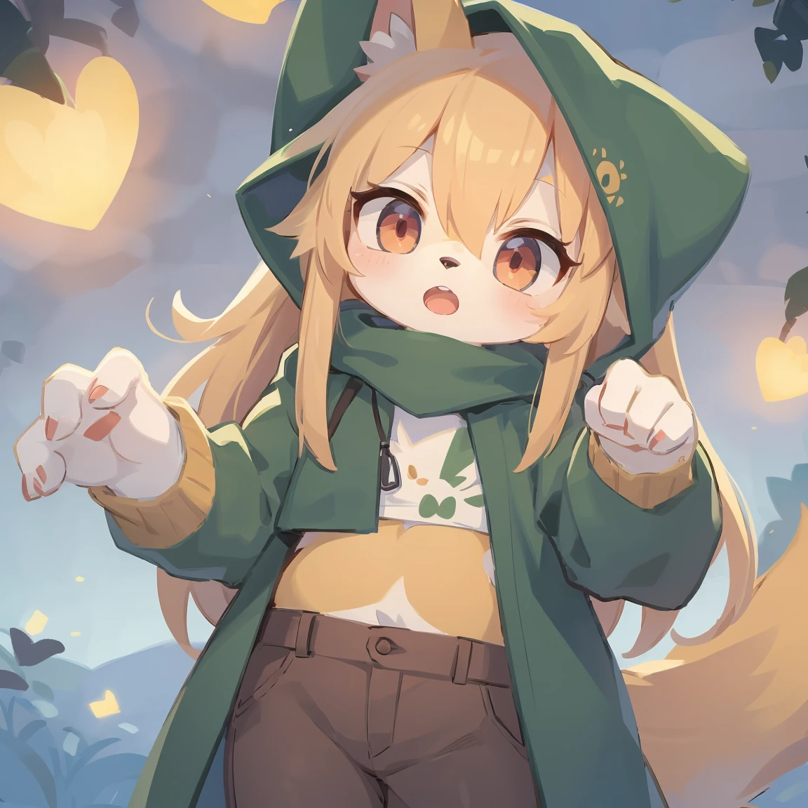 flat color, shota the fox, , was hairy, shaggy, skin fur, smooth lashes, golden fur, forelimb hands, straight long blonde hair, solid circle eyes, golden ears, golden fur, golden facial fur, shiny hair, red eyes, super cute face, 1fox tail, fluffy tail, furry tail, glowing eyes, green coat green hood down, brown trousers, open mouth, ambient light, ultra-fine fur, dashed eyes, masterpiece, high quality, high-details, best quality, (solo)