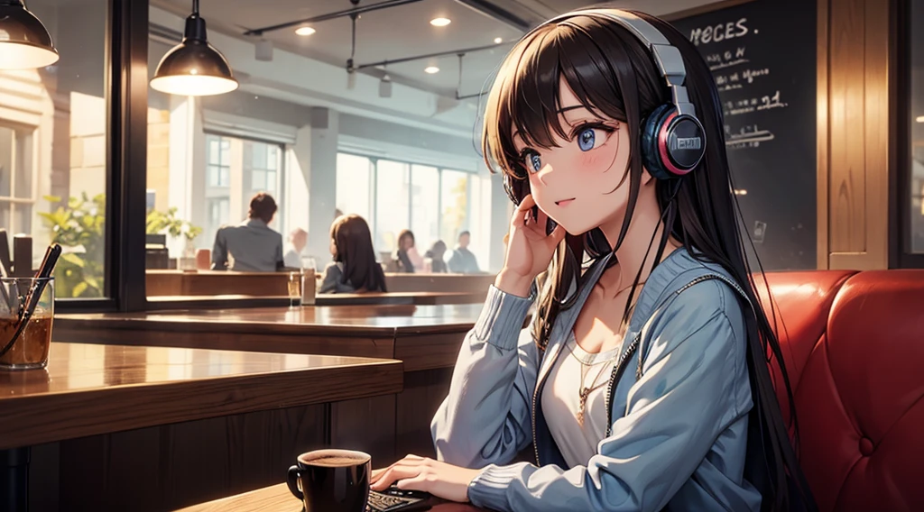 Girl with headphones enjoying music in a cafe I am studying Emphasize a little bit of the chest