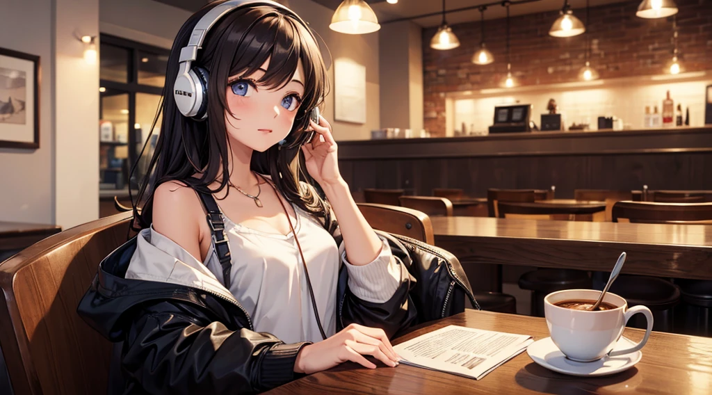 Girl with headphones enjoying music in a cafe I am studying Emphasize a little bit of the chest