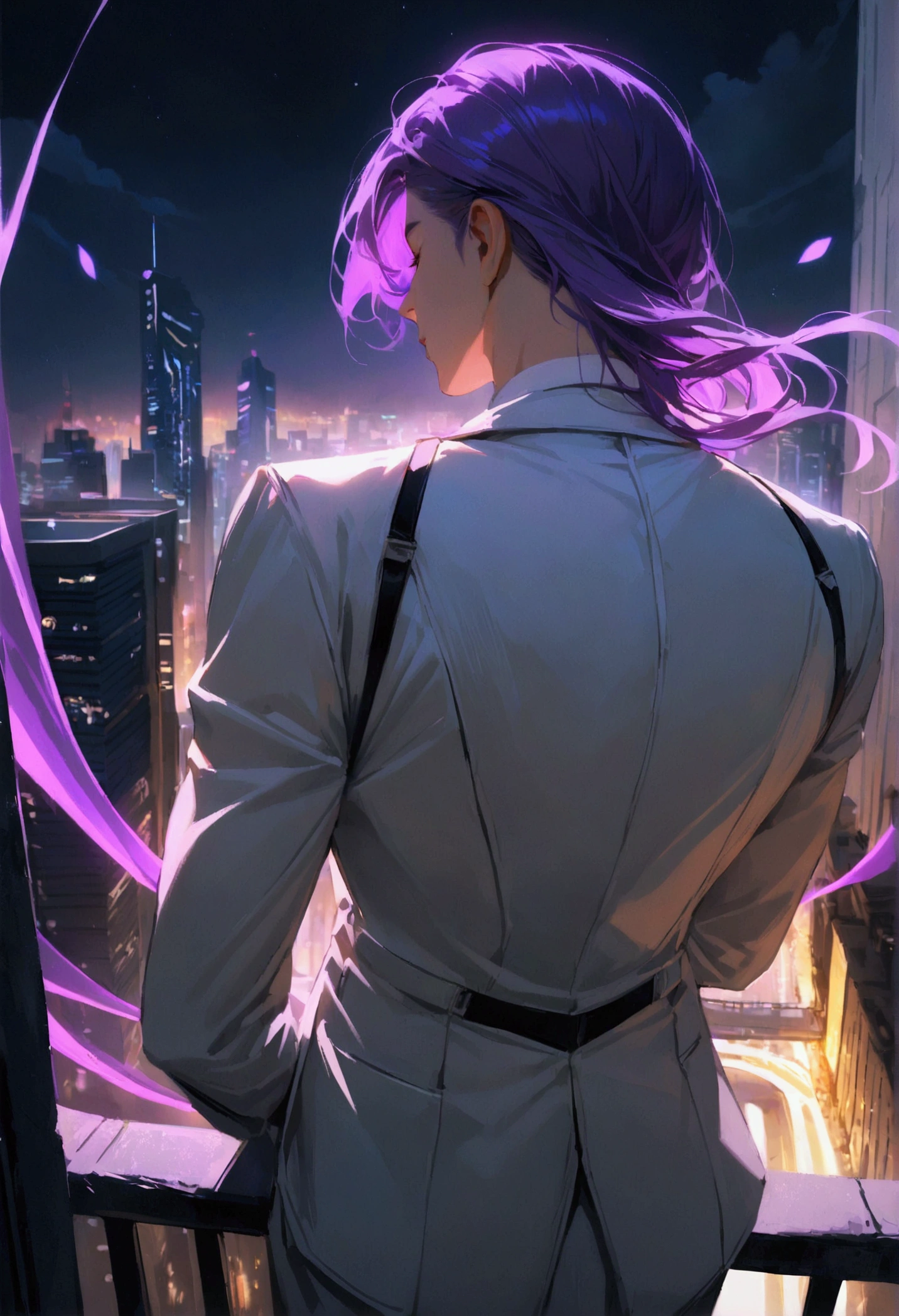 A man with purple hair in a white suit turns his back on the city at night.