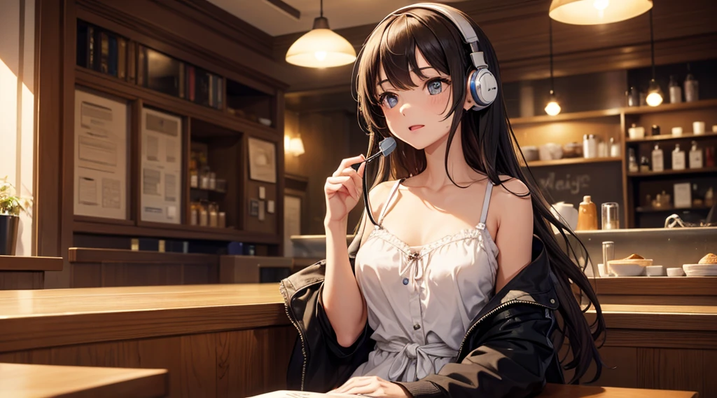 Girl with headphones enjoying music in a cafe　I am studying　Emphasize a little bit of the chest