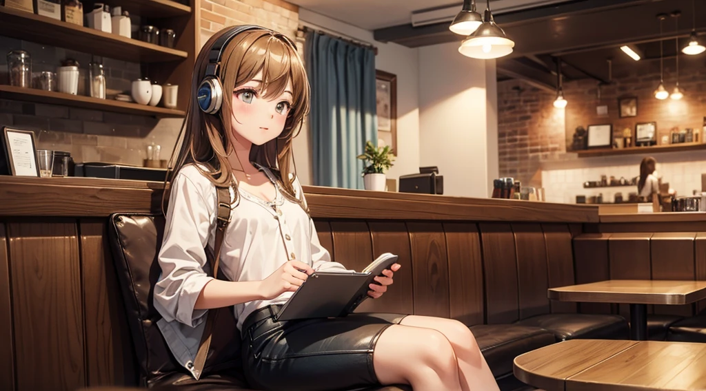 Girl with headphones enjoying music in a cafe　I am studying　Emphasize a little bit of the chest