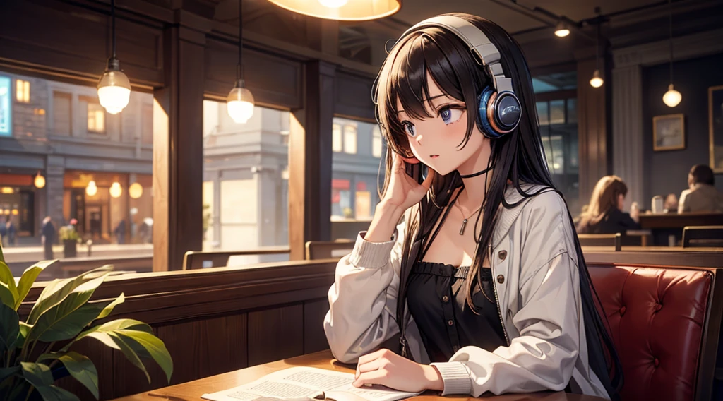 Girl with headphones enjoying music in a cafe I am studying Emphasize a little bit of the chest