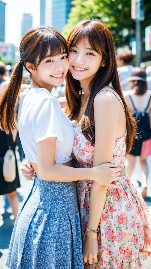 Best quality, high resolution, 8K, two girls, Japanese, hugging, best smile, summer clothes, street fashion, beautiful woman, pretty face, cute face, two cute people, Tokyo cityscape