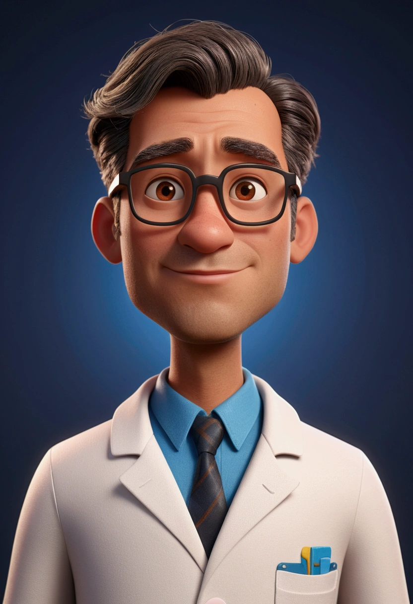 Cartoon character of a man with glasses, gray side hair, with small entries, brownish brown skin, Oval face, animation character, wearing a labcoat, stylized character, animation style rendering, 3d stylized, Arnold Maya rendering, Stylized 3D rendering, toon render screenshot, 3d character, 3d character, Stylized 3D rendering, 3D character rendering, cartoon character, Personagem de close up, character posing, (Pixar-style) (master part:1.2) (bokeh) (best qualityer) (skin detailed) (detailed texture) (8K) (Argilla) (cinematic lighting) (sharp focus