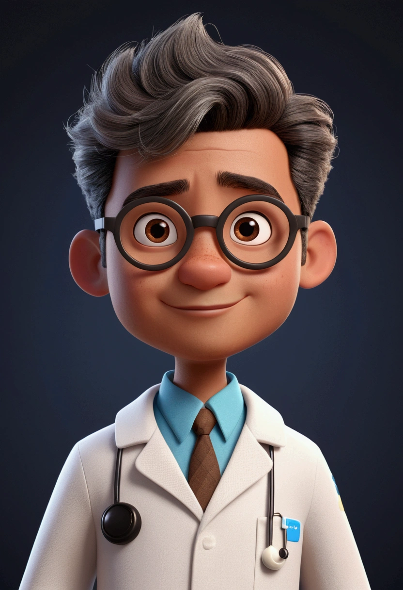 Cartoon character of a man with glasses, gray side hair, with small entries, brownish brown skin, Oval face, animation character, wearing a labcoat, stylized character, animation style rendering, 3d stylized, Arnold Maya rendering, Stylized 3D rendering, toon render screenshot, 3d character, 3d character, Stylized 3D rendering, 3D character rendering, cartoon character, Personagem de close up, character posing, (Pixar-style) (master part:1.2) (bokeh) (best qualityer) (skin detailed) (detailed texture) (8K) (Argilla) (cinematic lighting) (sharp focus