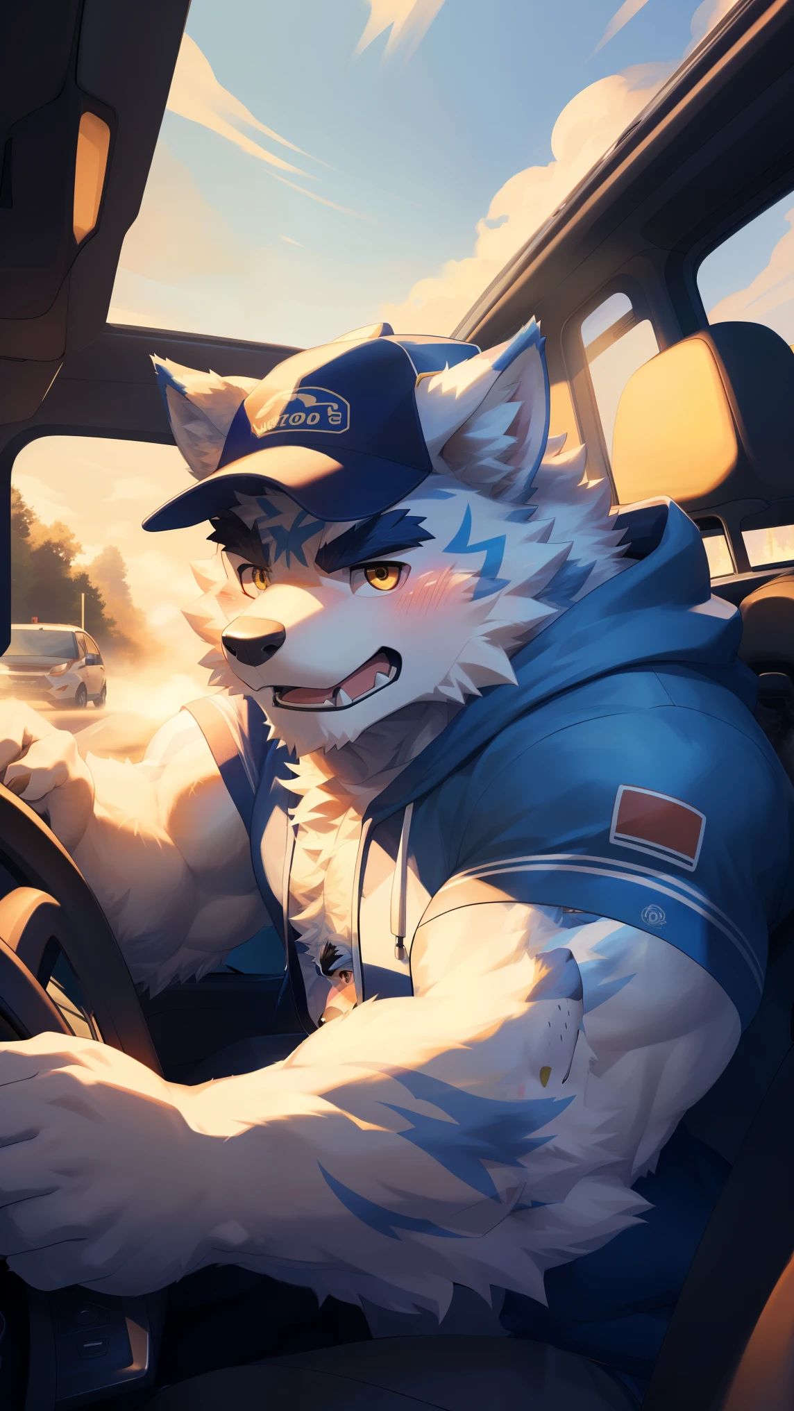 (Vision:1.5), solitary, anthropology, hairy, hairy male, Wolf, ((Fluffy fur, Fluffy, hairy body)), (wolf print), (Thick eyebrows), youth, muscular, White big pectoral muscles, Blue fur, Golden pupils, Detailed teeth, defaced face, fundos, driver, Light yellow plaid hoodie, Baseball cap, cab里, Driving, sideways, Shy expression, blush, (Dynamic poses:1.5), Clear facial features, Strong, majestic, alone, panoramic, Fog atmosphere, early morning, Tyndall Light Effect, cab, Sunlight through the car window, (By Empty Ghost, From wolf20, masterpiece, high quality, high resolution,8K)