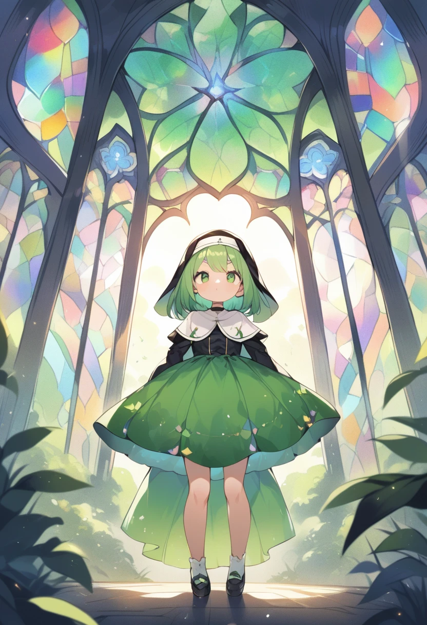 (loli:1.4),(little female child:1.4), cute face, 6 years old,kawaii, (highlight on eyes:1.1), small breast, (jiggly:0.8), shiny skin,(mini girl:1.5),
BREAK
(green maro eyebrows:1.5), :<, (jitome:1.1),pouty and slightly grumpy,(medium green hair:1.2),pout,disgusted eyes, green eyes, puffy eyes,
BREAK
breathtalking Scenery, breathtalking Beauty, breathtalking Cute,scenery, (best quality, masterpiece:1.2), (ultra high quality:1.2),smooth soft skin, natural skin,watercolor,
BREAK
Dutch angle,Atrium structure,ceiling,floral point black nun dress, nun veil,choker,excessive detailed collarbone,bare collarbone, long hem,wide shot,
BREAK
(stain glass inspired by leaf mark), (rose shaped stained glass),(music note effect fused with stained glass),(multi-layered grass shaped stained glass),(heart shaped Church windows),nature theme,stained glass leaf,(Multiple stained glass musical note),tiffany,dust particles,
